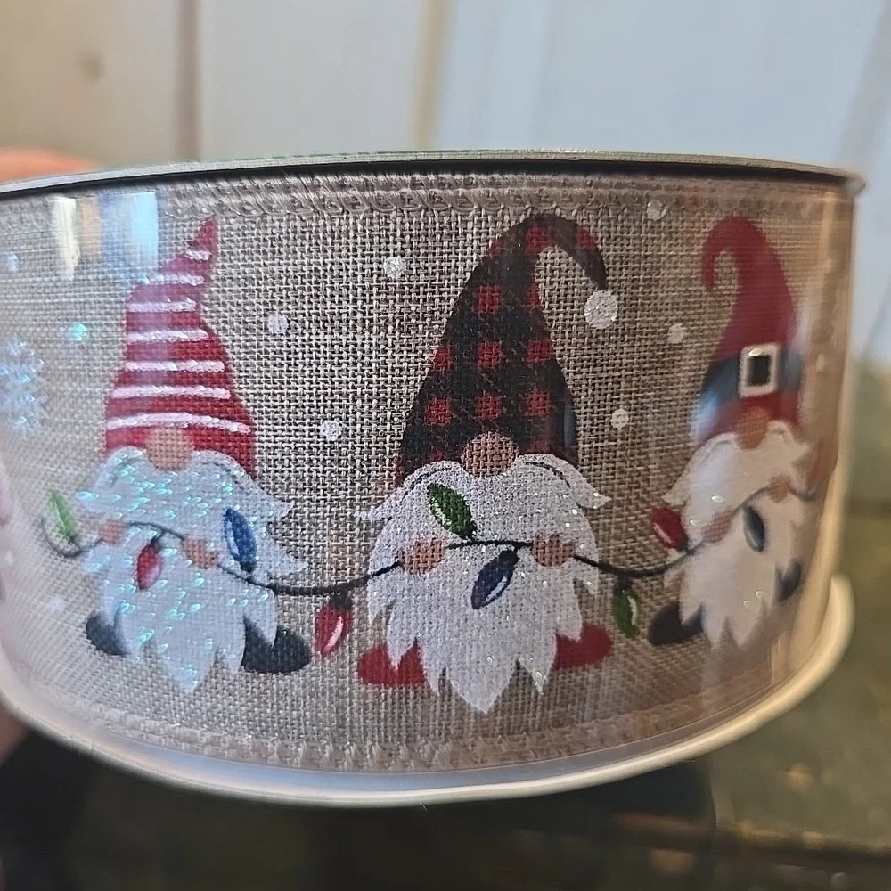 Kirkland Gnomes with Christmas Lights Wire Edged Ribbon 2.5